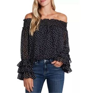 CeCe Off-The-Shoulder Polka Dot Ruffled Top